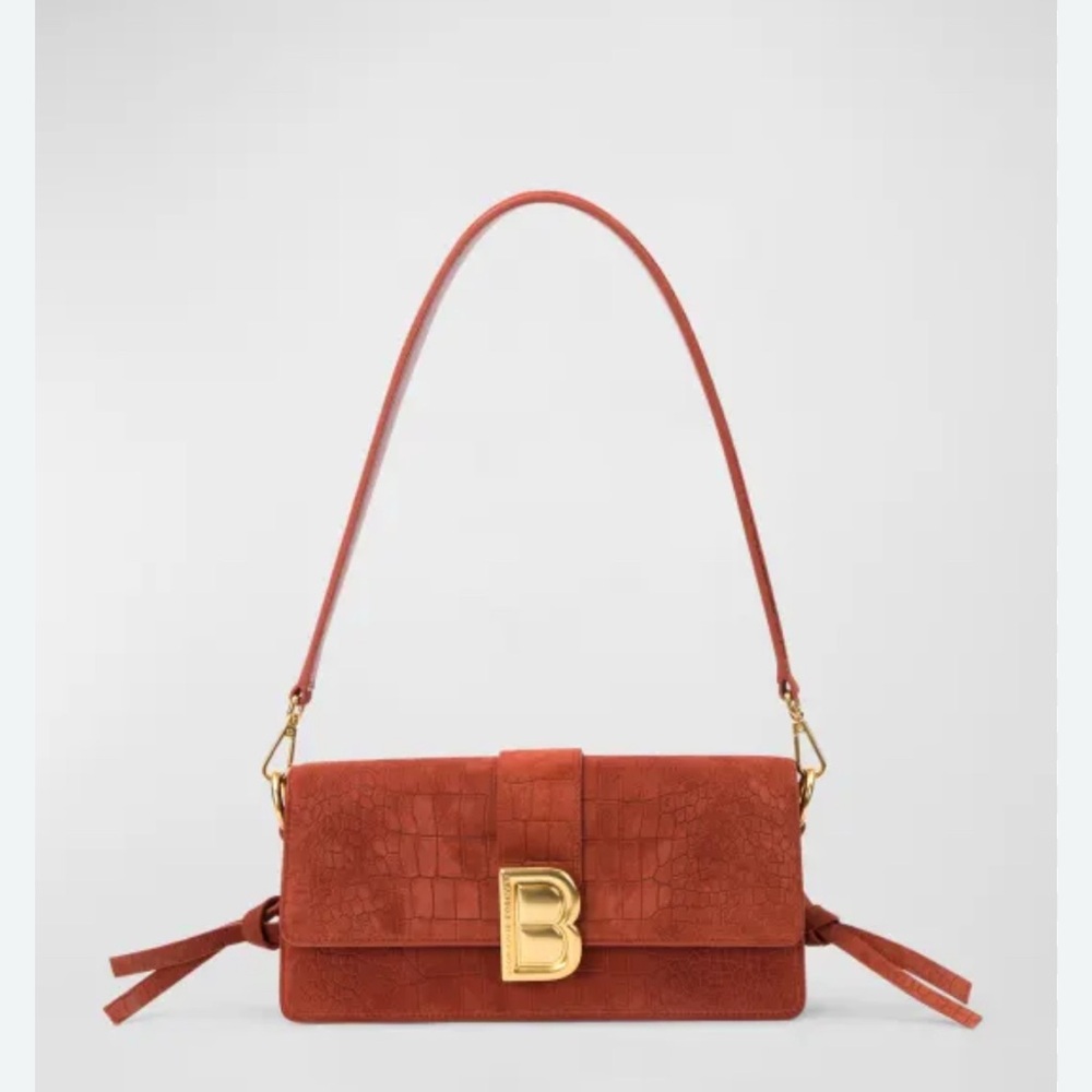 NWT Brandon Blackwood Nia Croc-embossed Suede Shoulder Bag in Burnt Orange